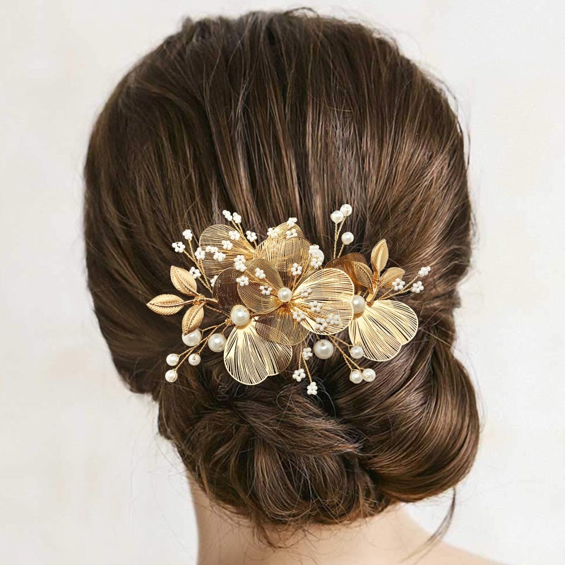 BETITETO Gold Flower Hair Accessories for Bride Wedding Pearl Metal Floral Hair Pieces with Combs for Women Girls - Image 3
